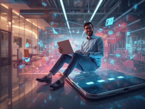 a_highly_detailed_digital_artwork_of_a_cheerful_man_on_the_attached_image_sitting_casually_on_the_edge_of_a_giant_smartphone_screen_blending_the_digital_and_real_worlds